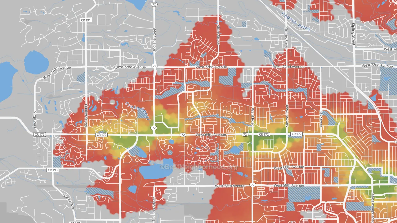 Walk Grade map of Ralston Valley, Arvada, CO, walkable areas in green and car-dependent areas in red