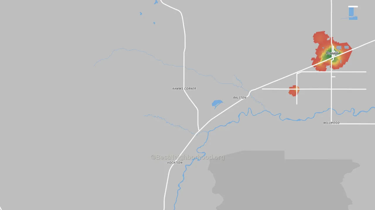 Walk Grade map of Ralston, WY, walkable areas in green and car-dependent areas in red