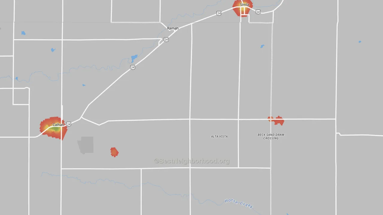 Walk Grade map of Ramah, CO, walkable areas in green and car-dependent areas in red