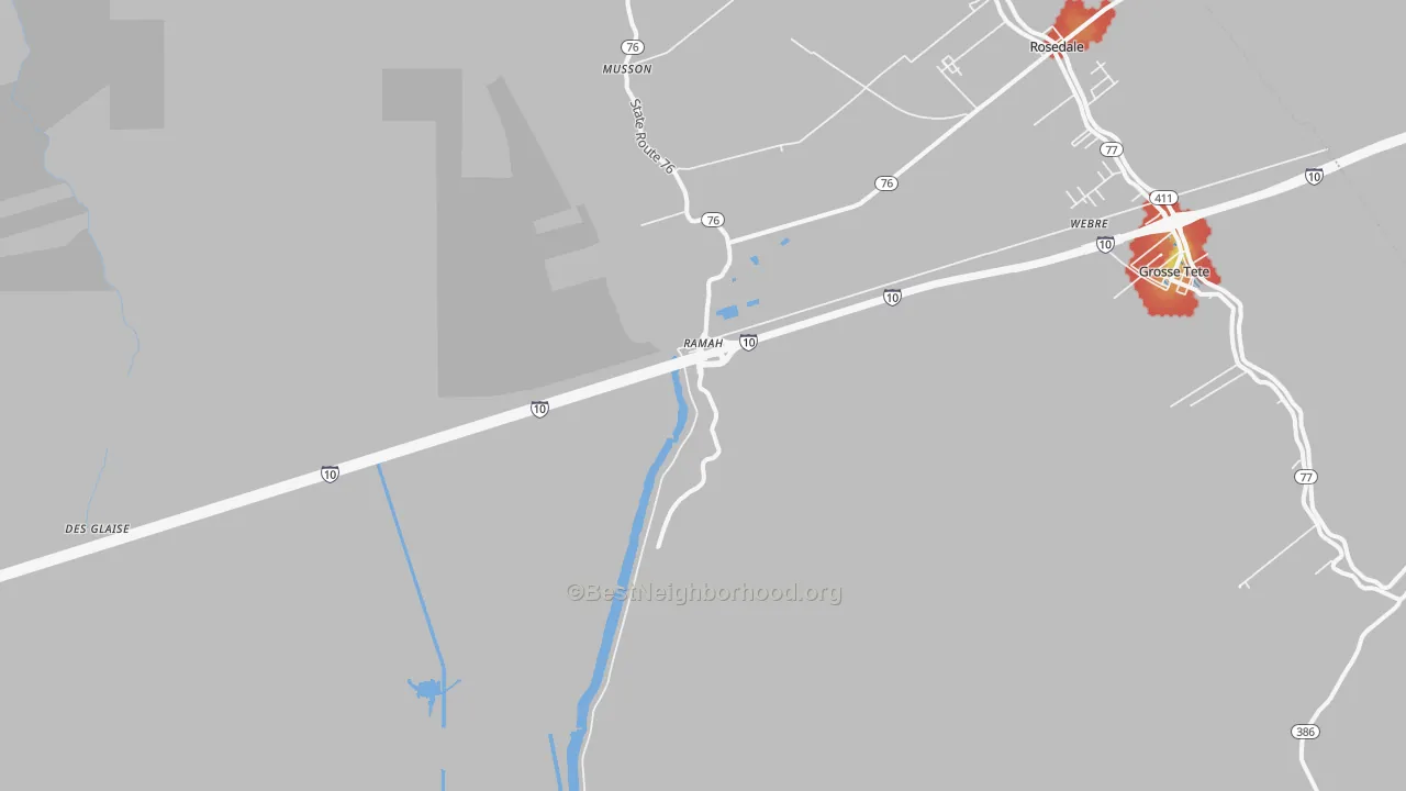 Walk Grade map of Ramah, LA, walkable areas in green and car-dependent areas in red
