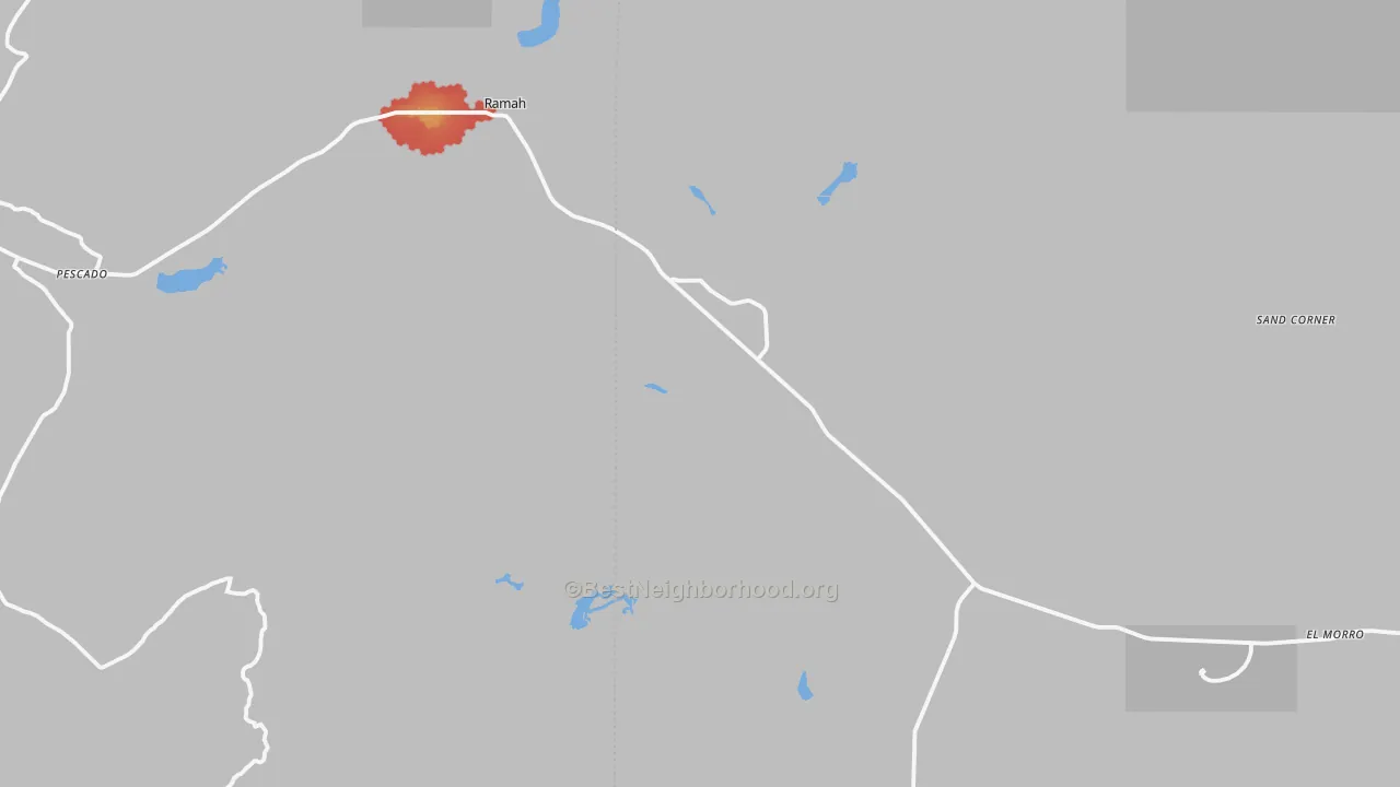 Walk Grade map of Ramah, NM, walkable areas in green and car-dependent areas in red