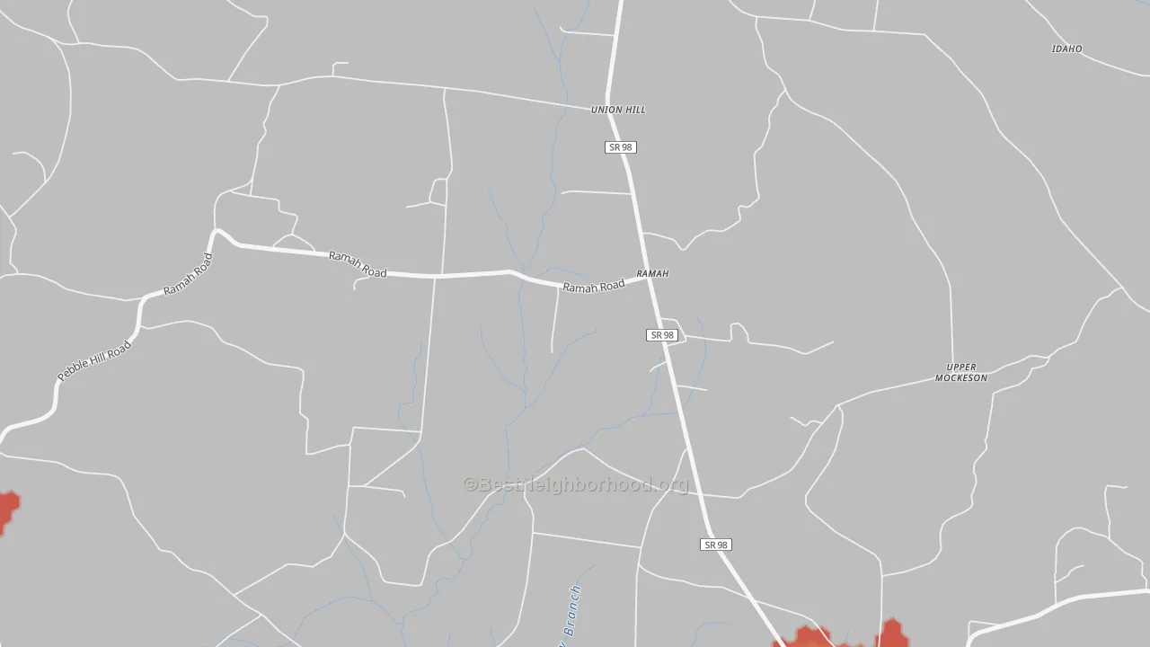Walk Grade map of Ramah, TN, walkable areas in green and car-dependent areas in red
