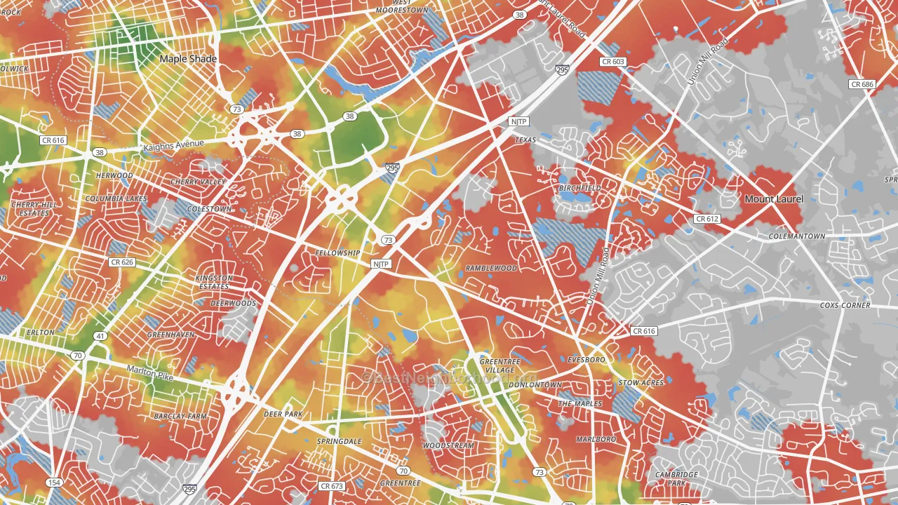 Walk Grade map of Ramblewood, NJ, walkable areas in green and car-dependent areas in red