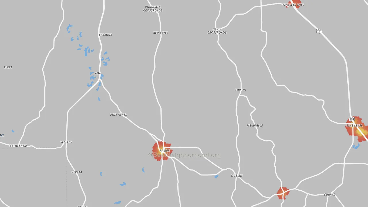 Walk Grade map of Ramer, AL, walkable areas in green and car-dependent areas in red