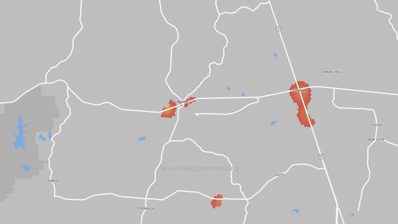 Walk Grade map of Ramer, TN, walkable areas in green and car-dependent areas in red