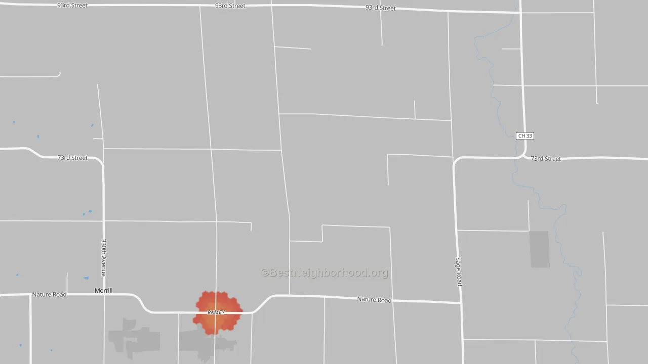 Walk Grade map of Ramey, MN, walkable areas in green and car-dependent areas in red
