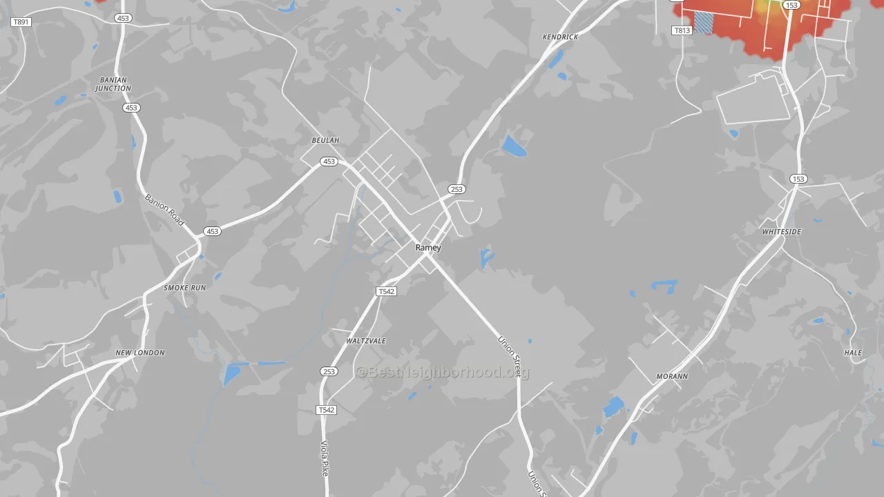 Walk Grade map of Ramey, PA, walkable areas in green and car-dependent areas in red