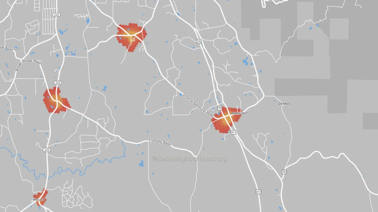 Walk Grade map of Ramhurst, GA, walkable areas in green and car-dependent areas in red