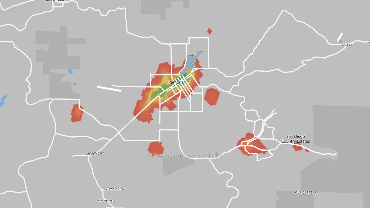 Walk Grade map of Ramona, CA, walkable areas in green and car-dependent areas in red