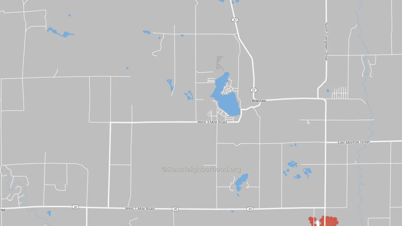 Walk Grade map of Ramona, MI, walkable areas in green and car-dependent areas in red