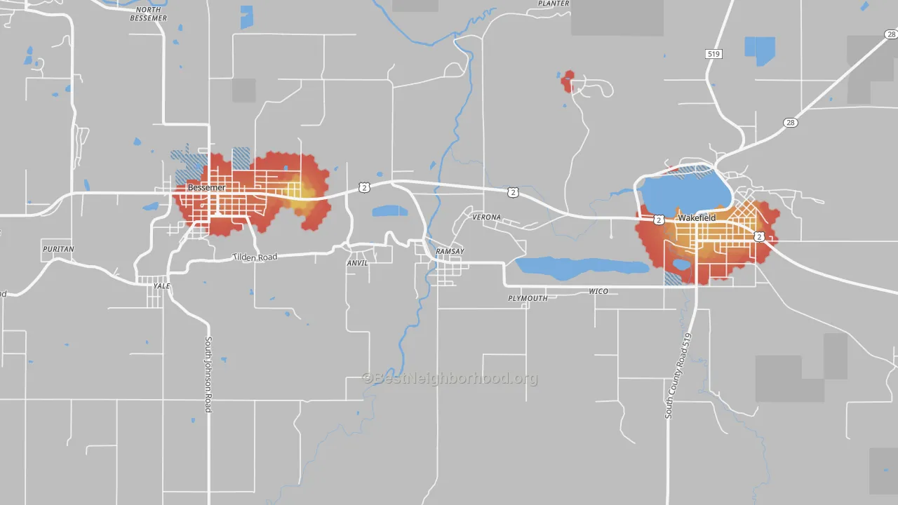Walk Grade map of Ramsay, MI, walkable areas in green and car-dependent areas in red