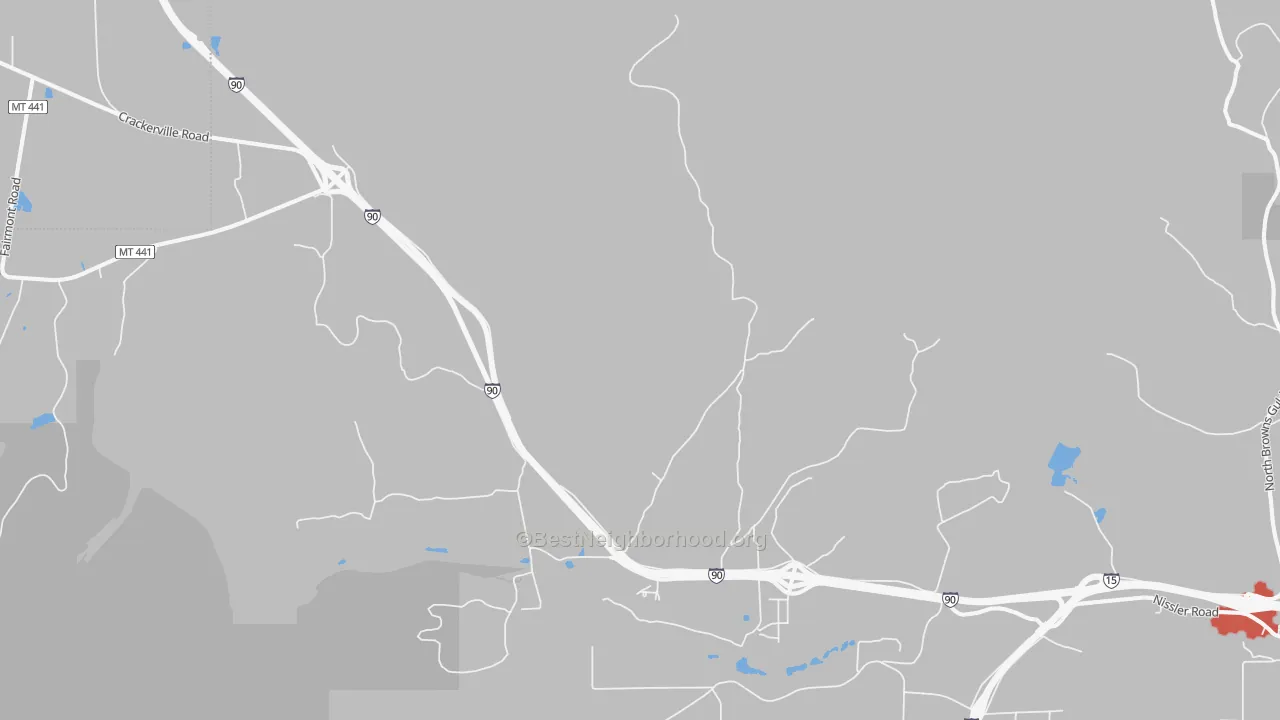 Walk Grade map of Ramsay, MT, walkable areas in green and car-dependent areas in red