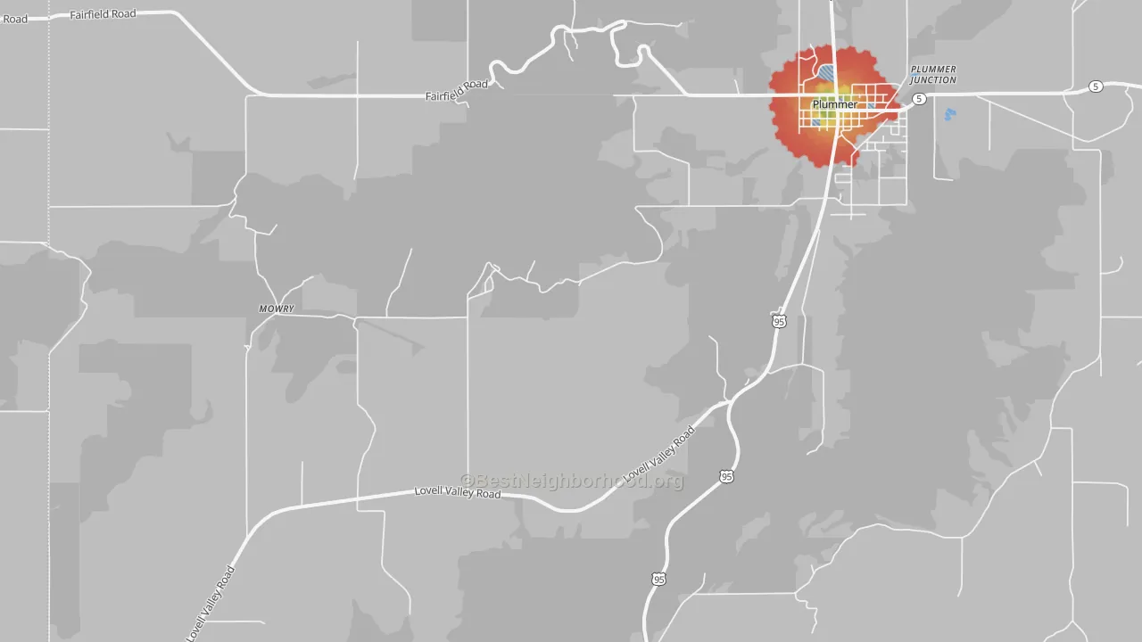 Walk Grade map of Ramsdell, ID, walkable areas in green and car-dependent areas in red