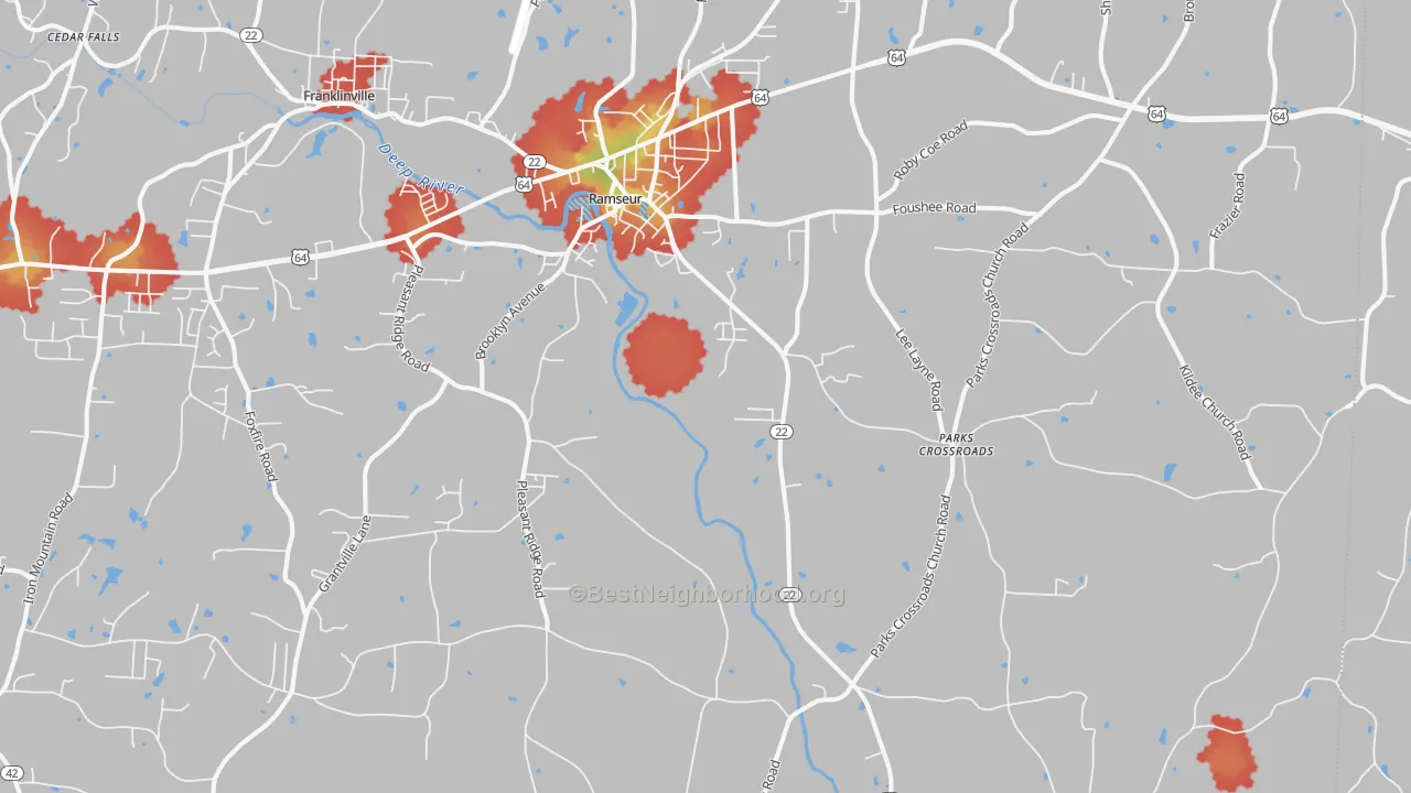 Walk Grade map of Ramseur, NC, walkable areas in green and car-dependent areas in red