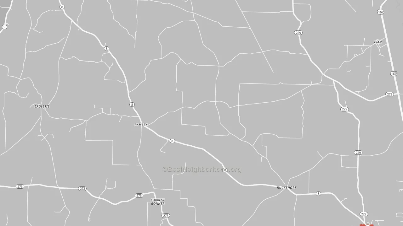 Walk Grade map of Ramsey, AR, walkable areas in green and car-dependent areas in red
