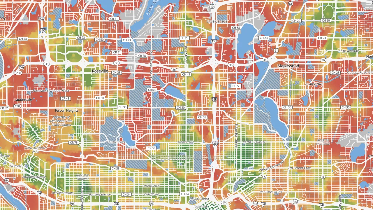 Walk Grade map of Ramsey County, MN, walkable areas in green and car-dependent areas in red