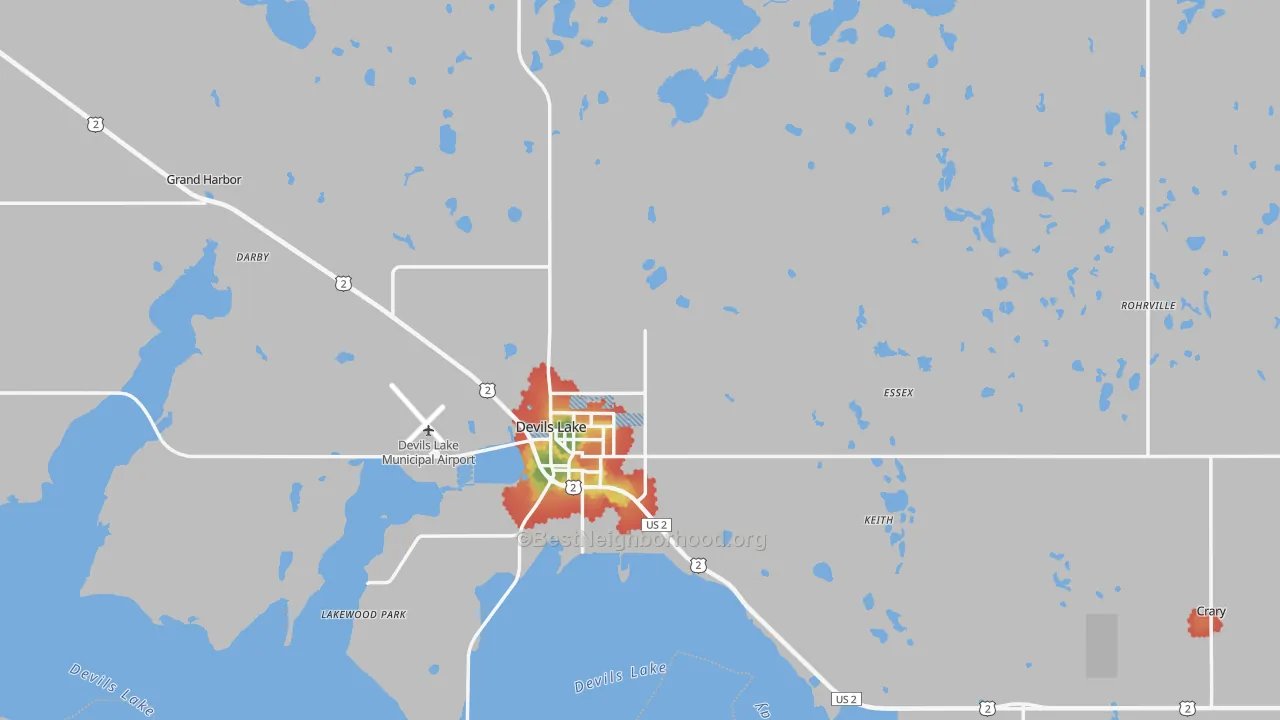 Walk Grade map of Ramsey County, ND, walkable areas in green and car-dependent areas in red
