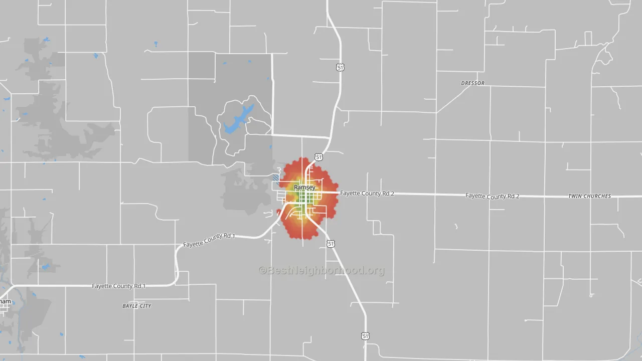 Walk Grade map of Ramsey, IL, walkable areas in green and car-dependent areas in red