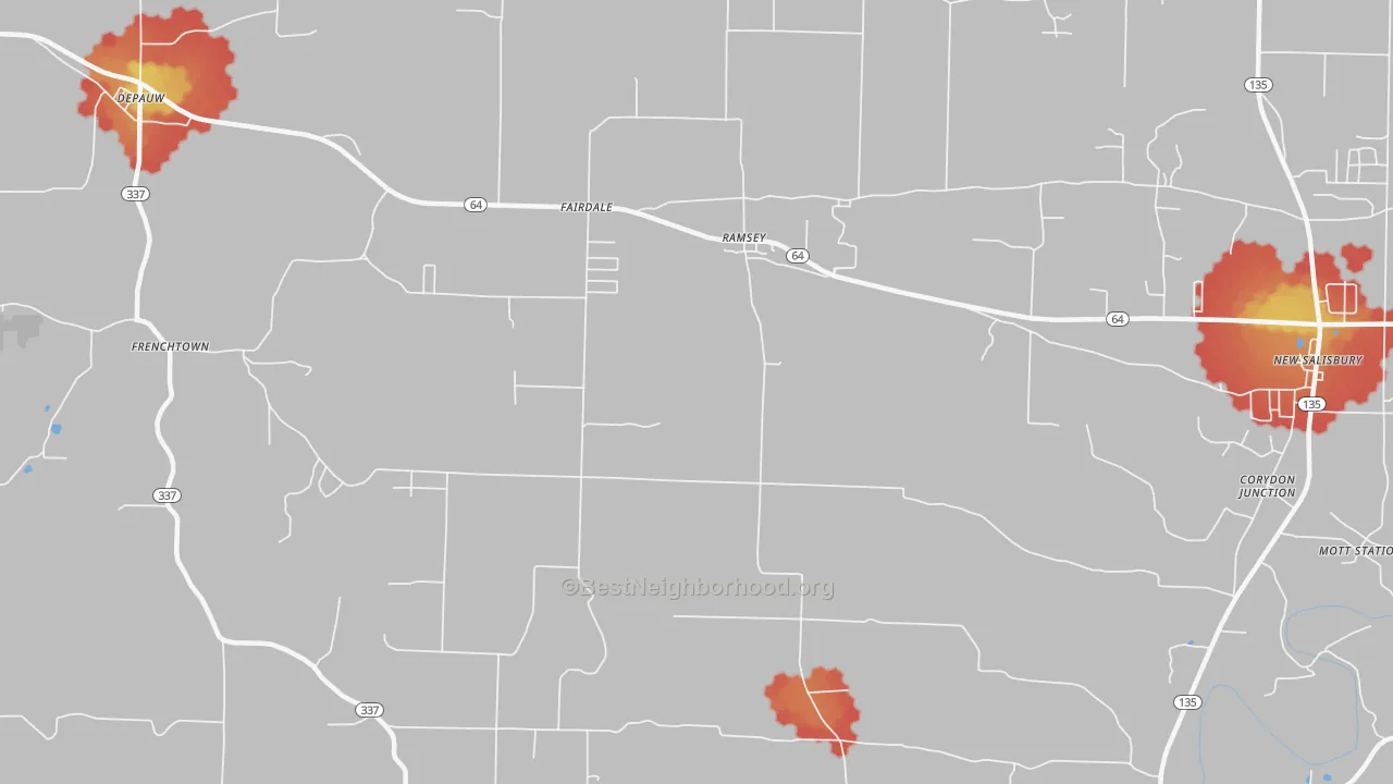 Walk Grade map of Ramsey, IN, walkable areas in green and car-dependent areas in red
