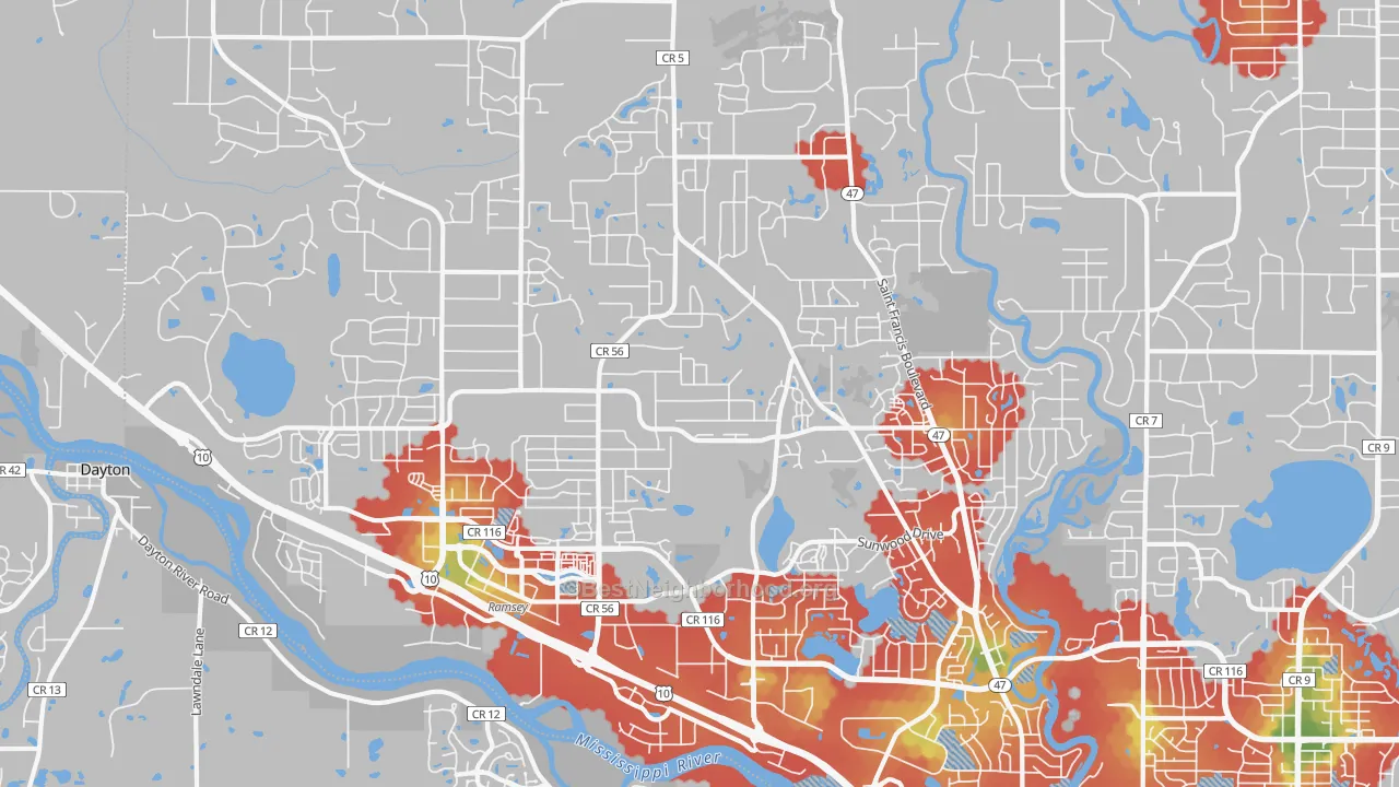 Walk Grade map of Ramsey, MN, walkable areas in green and car-dependent areas in red