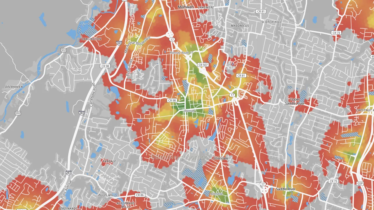 Walk Grade map of Ramsey, NJ, walkable areas in green and car-dependent areas in red