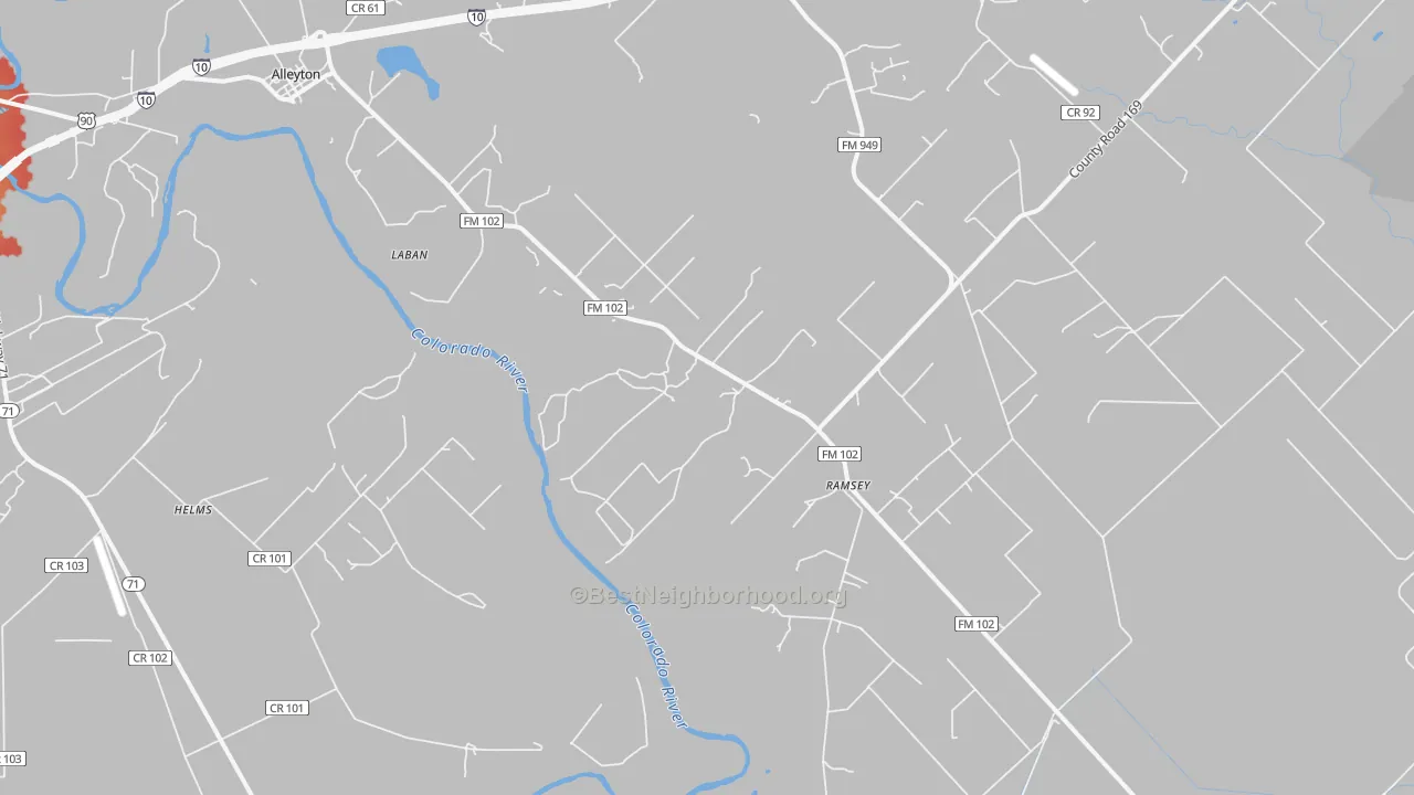 Walk Grade map of Ramsey, TX, walkable areas in green and car-dependent areas in red