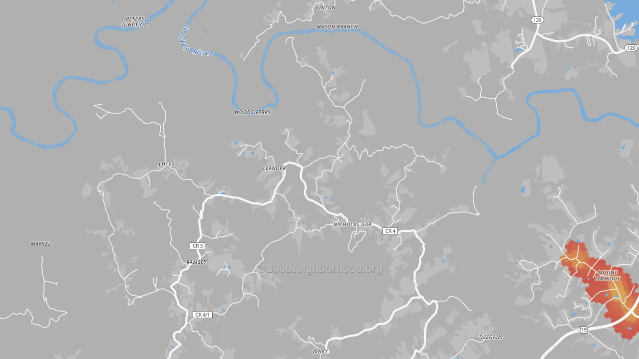 Walk Grade map of Ramsey, WV, walkable areas in green and car-dependent areas in red