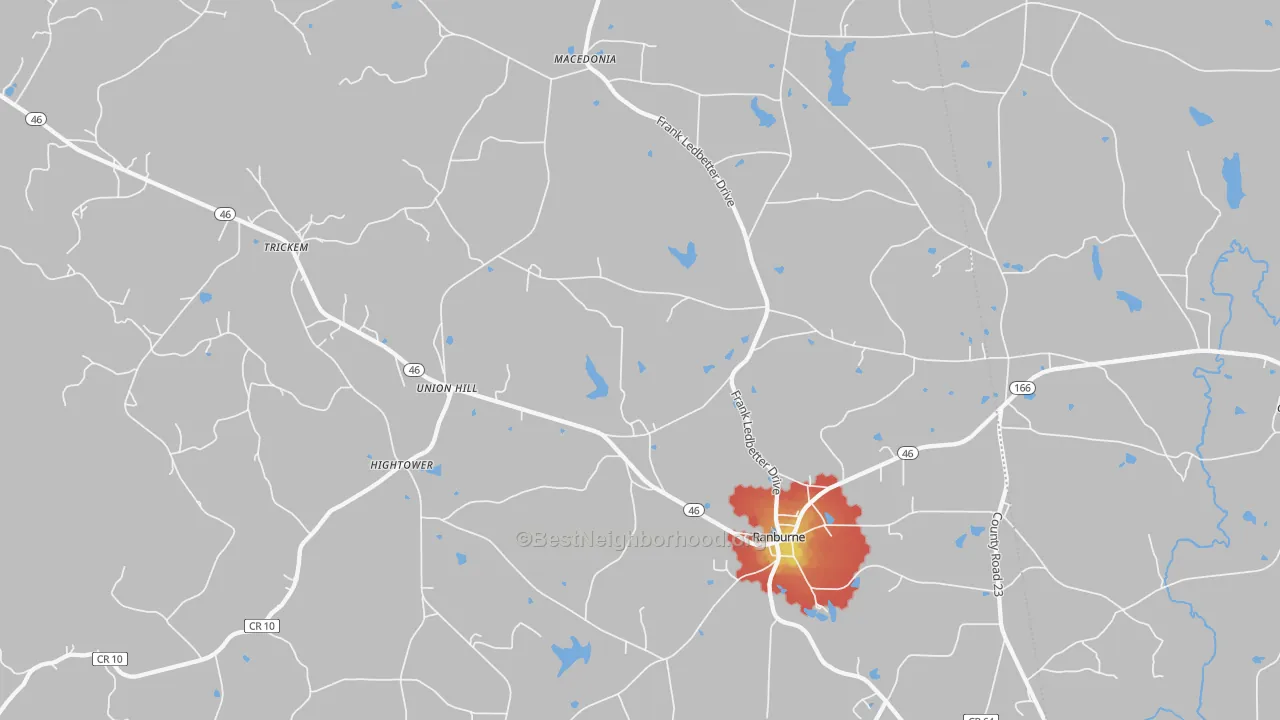 Walk Grade map of Ranburne, AL, walkable areas in green and car-dependent areas in red