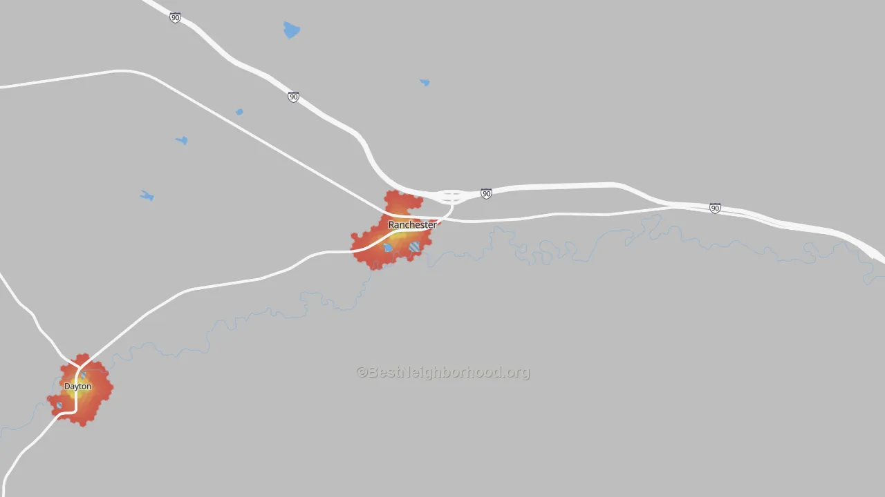 Walk Grade map of Ranchester, WY, walkable areas in green and car-dependent areas in red