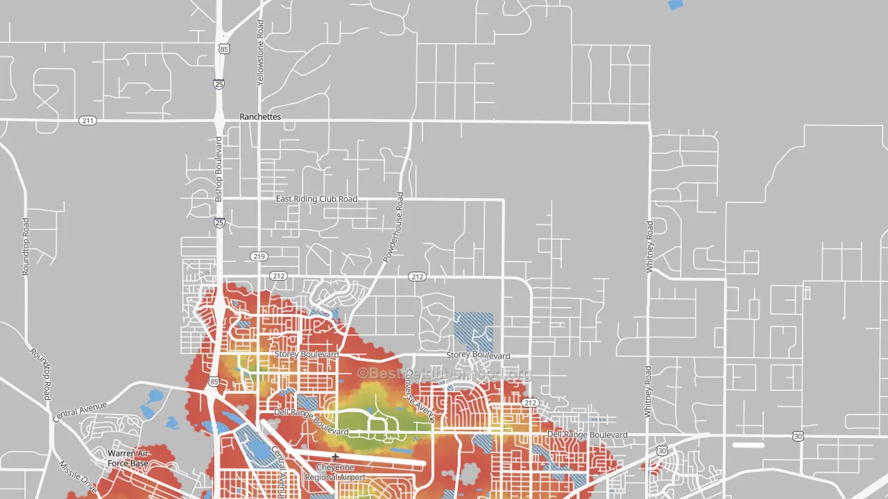 Walk Grade map of Ranchettes, WY, walkable areas in green and car-dependent areas in red