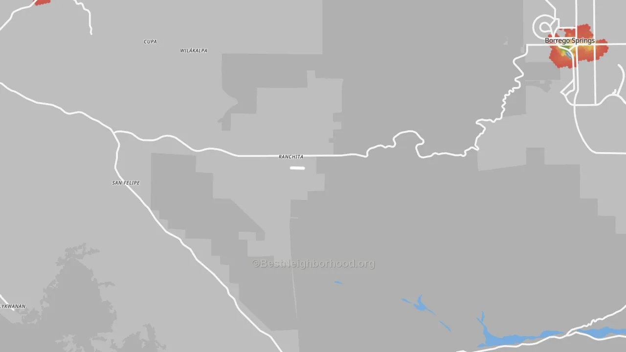Walk Grade map of Ranchita, CA, walkable areas in green and car-dependent areas in red