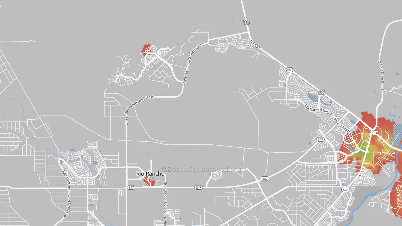 Walk Grade map of Ranchitos, NM, walkable areas in green and car-dependent areas in red