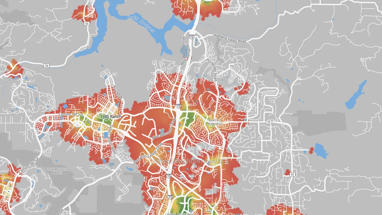 Walk Grade map of Rancho Bernadino, San Diego, CA, walkable areas in green and car-dependent areas in red