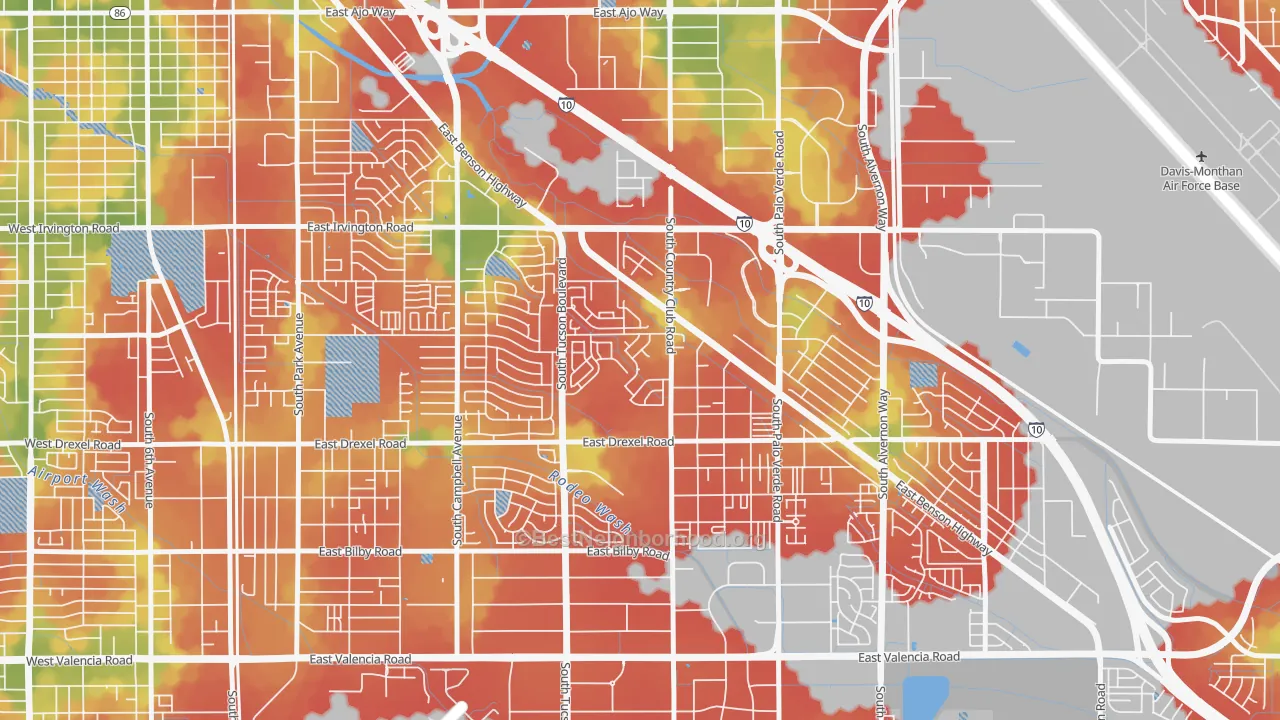 Walk Grade map of Rancho Buena, Tucson, AZ, walkable areas in green and car-dependent areas in red