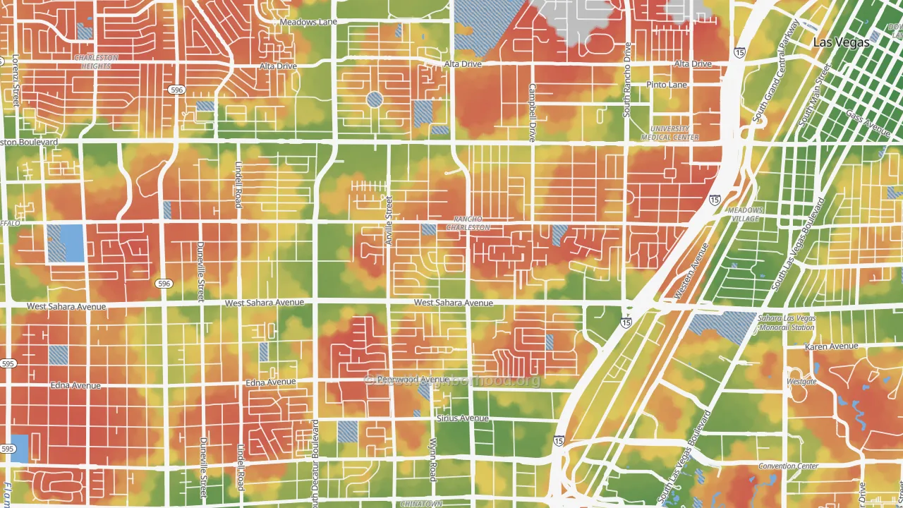 Walk Grade map of Rancho Charleston, Las Vegas, NV, walkable areas in green and car-dependent areas in red