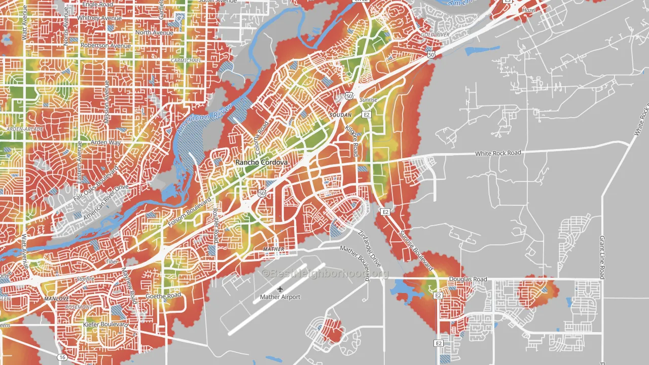 Walk Grade map of Rancho Cordova, CA, walkable areas in green and car-dependent areas in red