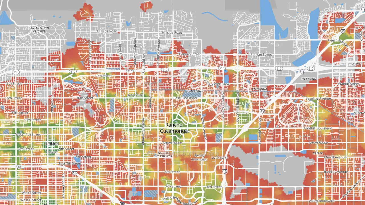 Walk Grade map of Rancho Cucamonga, CA, walkable areas in green and car-dependent areas in red