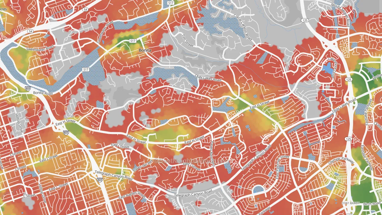 Walk Grade map of Rancho del Rey, Chula Vista, CA, walkable areas in green and car-dependent areas in red