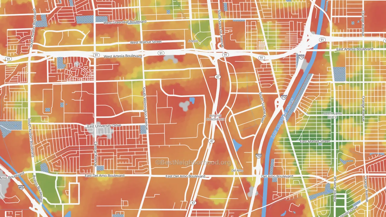 Walk Grade map of Rancho Dominguez, Compton, CA, walkable areas in green and car-dependent areas in red