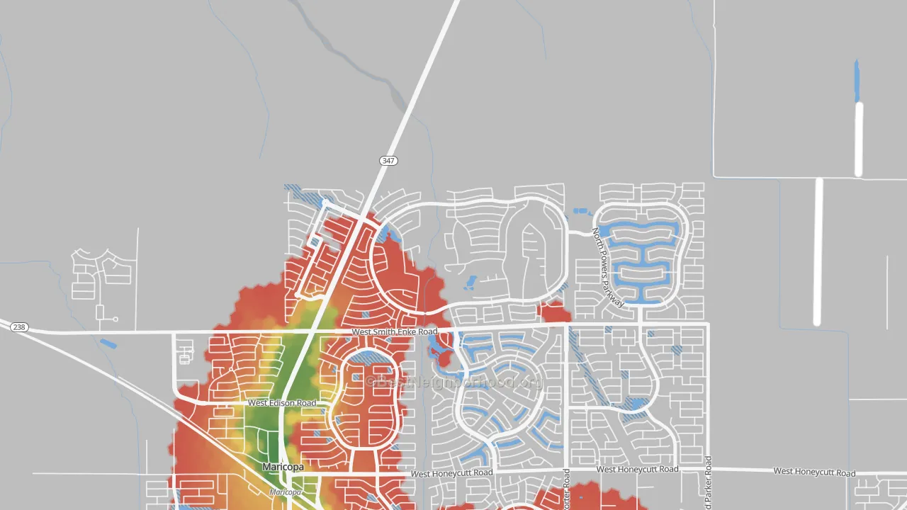 Walk Grade map of Rancho El Dorado, Silver Bell, AZ, walkable areas in green and car-dependent areas in red
