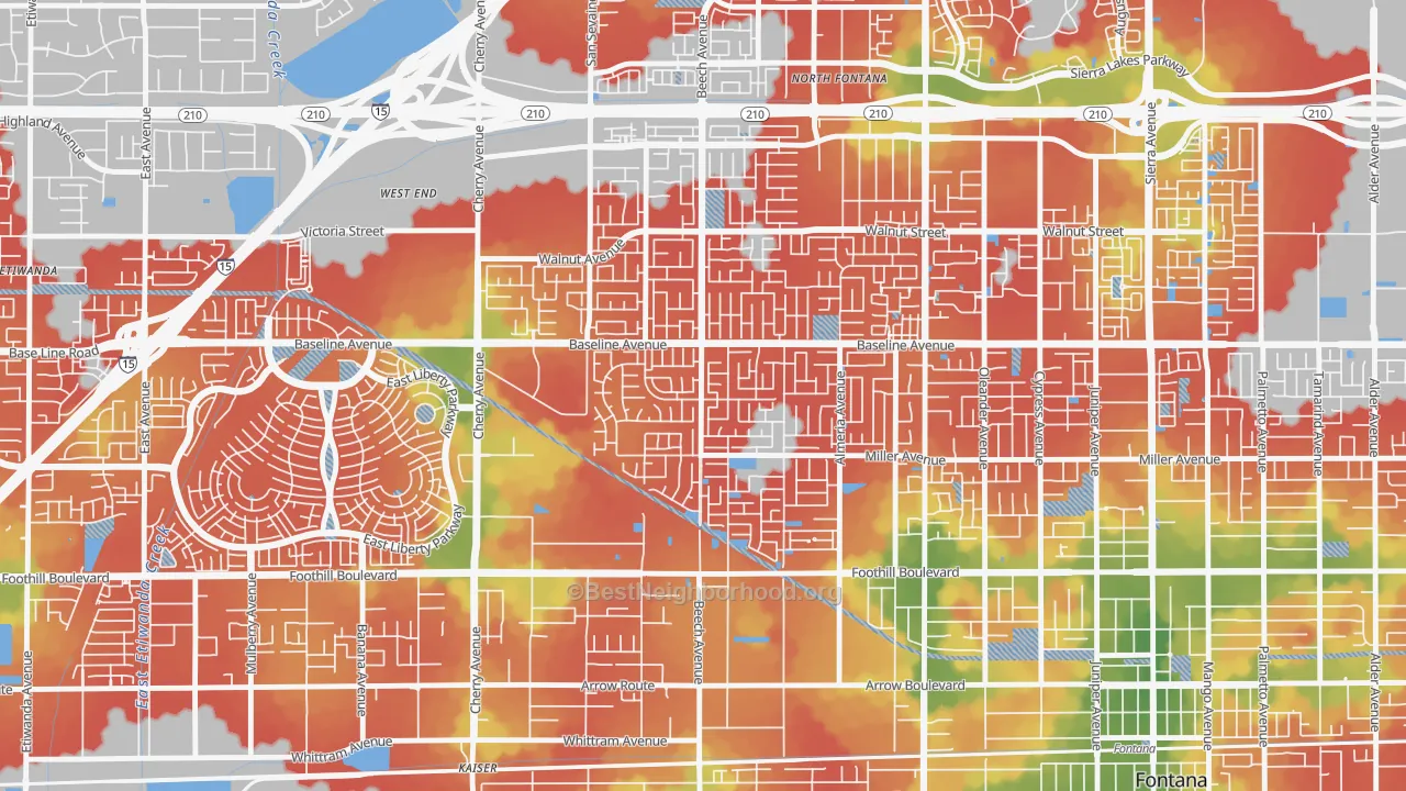Walk Grade map of Rancho Fontana, Fontana, CA, walkable areas in green and car-dependent areas in red