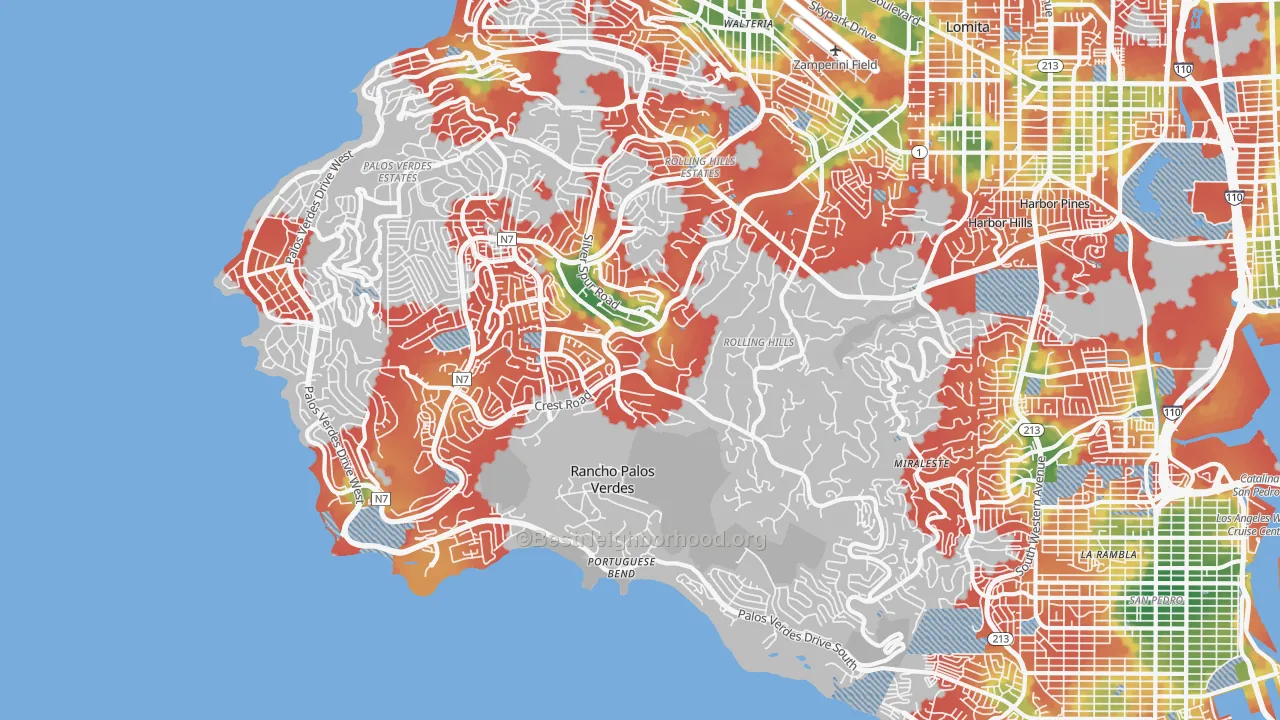 Walk Grade map of Rancho Palos Verdes, CA, walkable areas in green and car-dependent areas in red