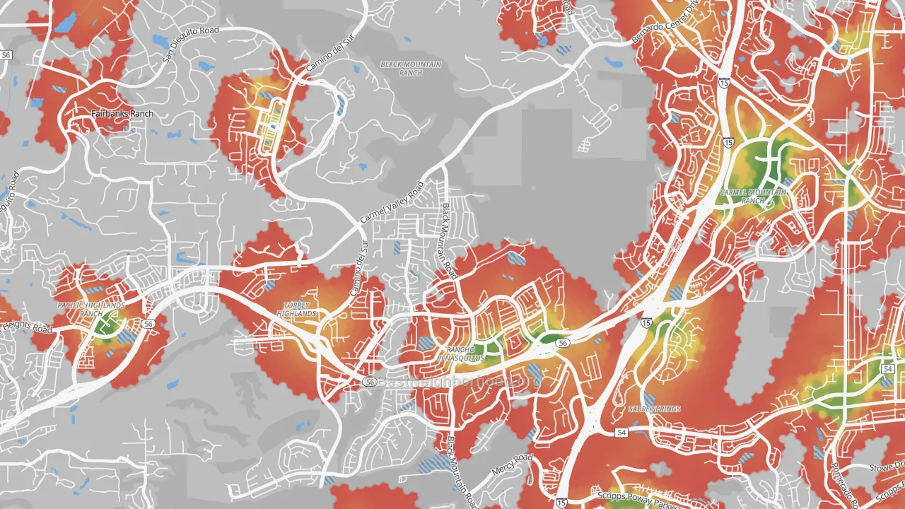 Walk Grade map of Rancho Penasquitos, San Diego, CA, walkable areas in green and car-dependent areas in red