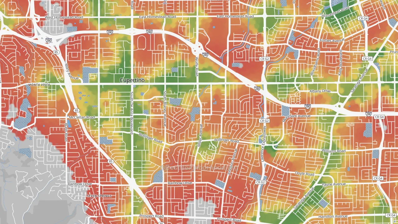 Walk Grade map of Rancho Rinconada, Cupertino, CA, walkable areas in green and car-dependent areas in red