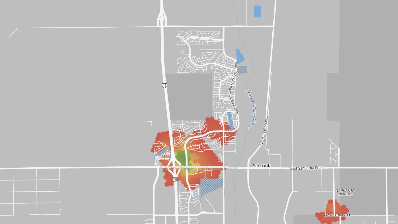Walk Grade map of Rancho Sahuarita, Sahuarita, AZ, walkable areas in green and car-dependent areas in red