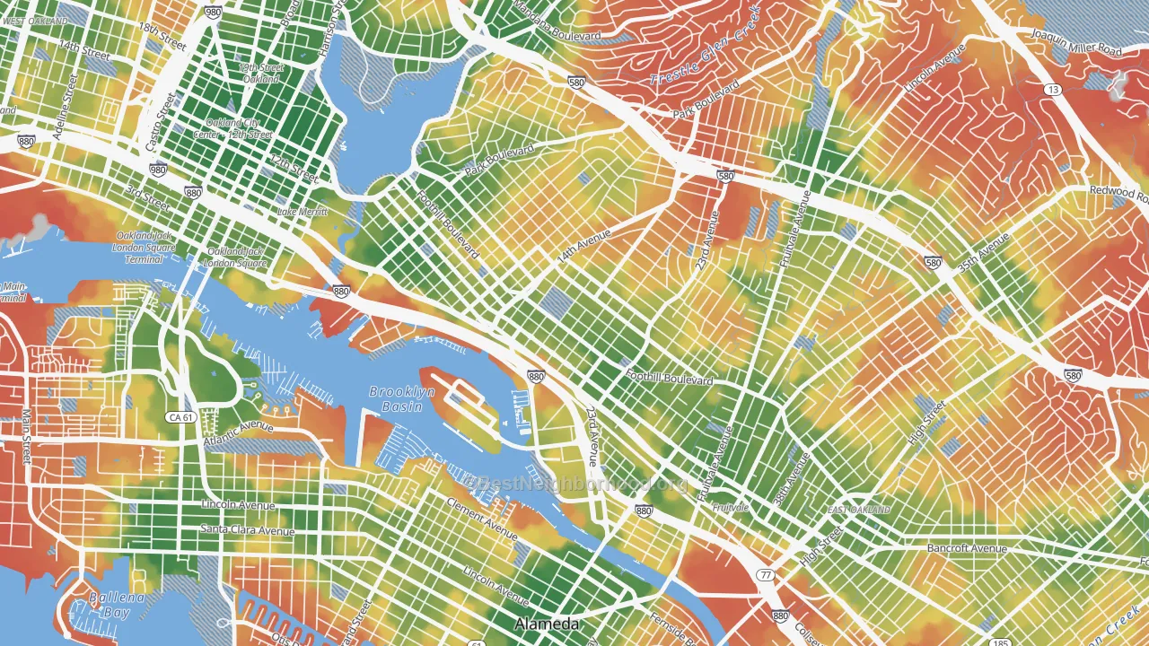 Walk Grade map of Rancho San Antonio, Oakland, CA, walkable areas in green and car-dependent areas in red