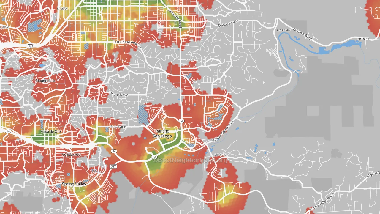 Walk Grade map of Rancho San Diego, CA, walkable areas in green and car-dependent areas in red