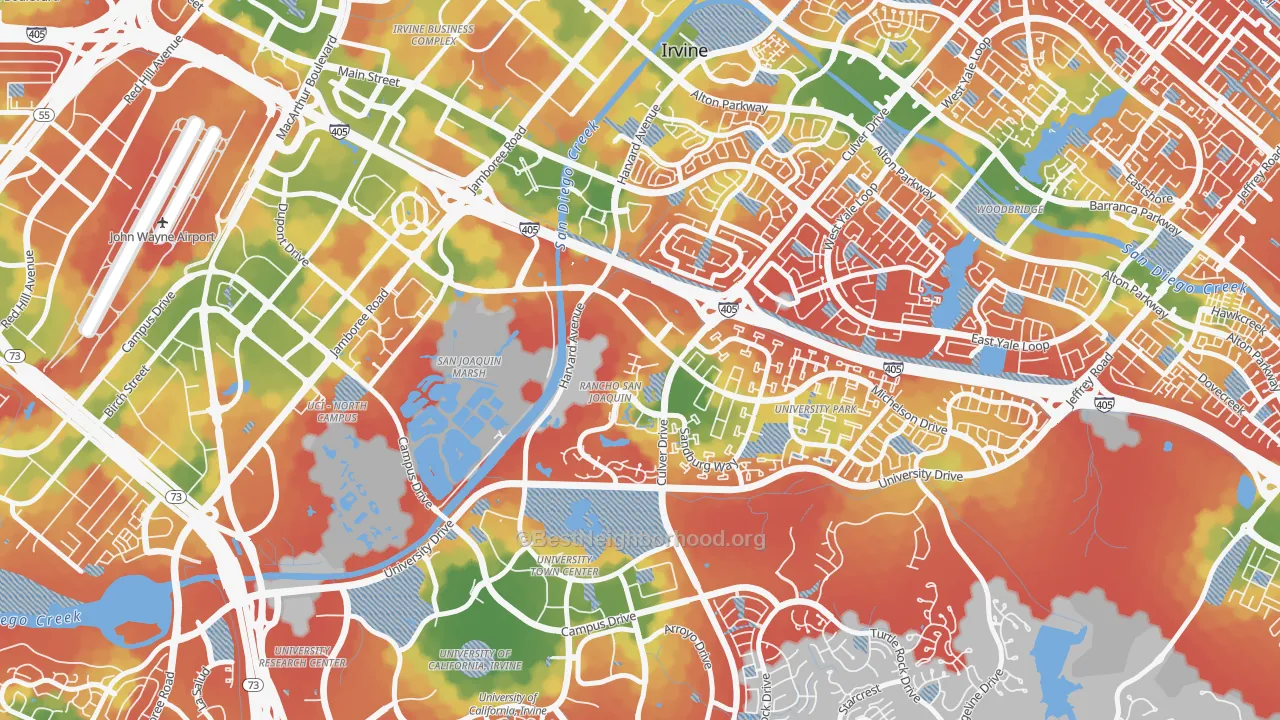 Walk Grade map of Rancho San Joaquin, Irvine, CA, walkable areas in green and car-dependent areas in red