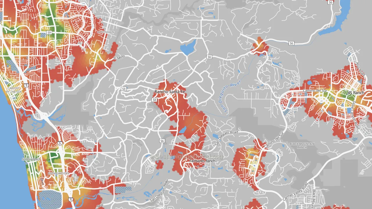Walk Grade map of Rancho Santa Fe, CA, walkable areas in green and car-dependent areas in red