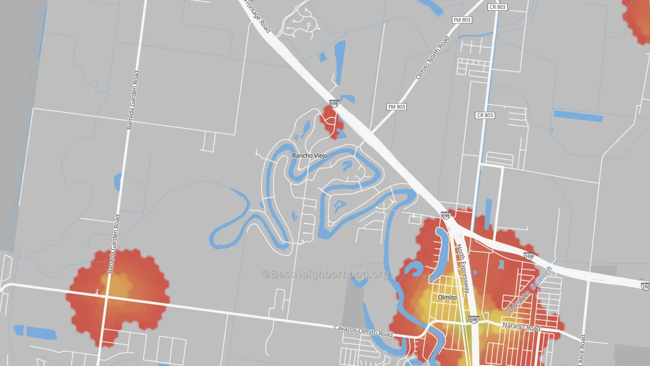 Walk Grade map of Rancho Viejo, TX, walkable areas in green and car-dependent areas in red